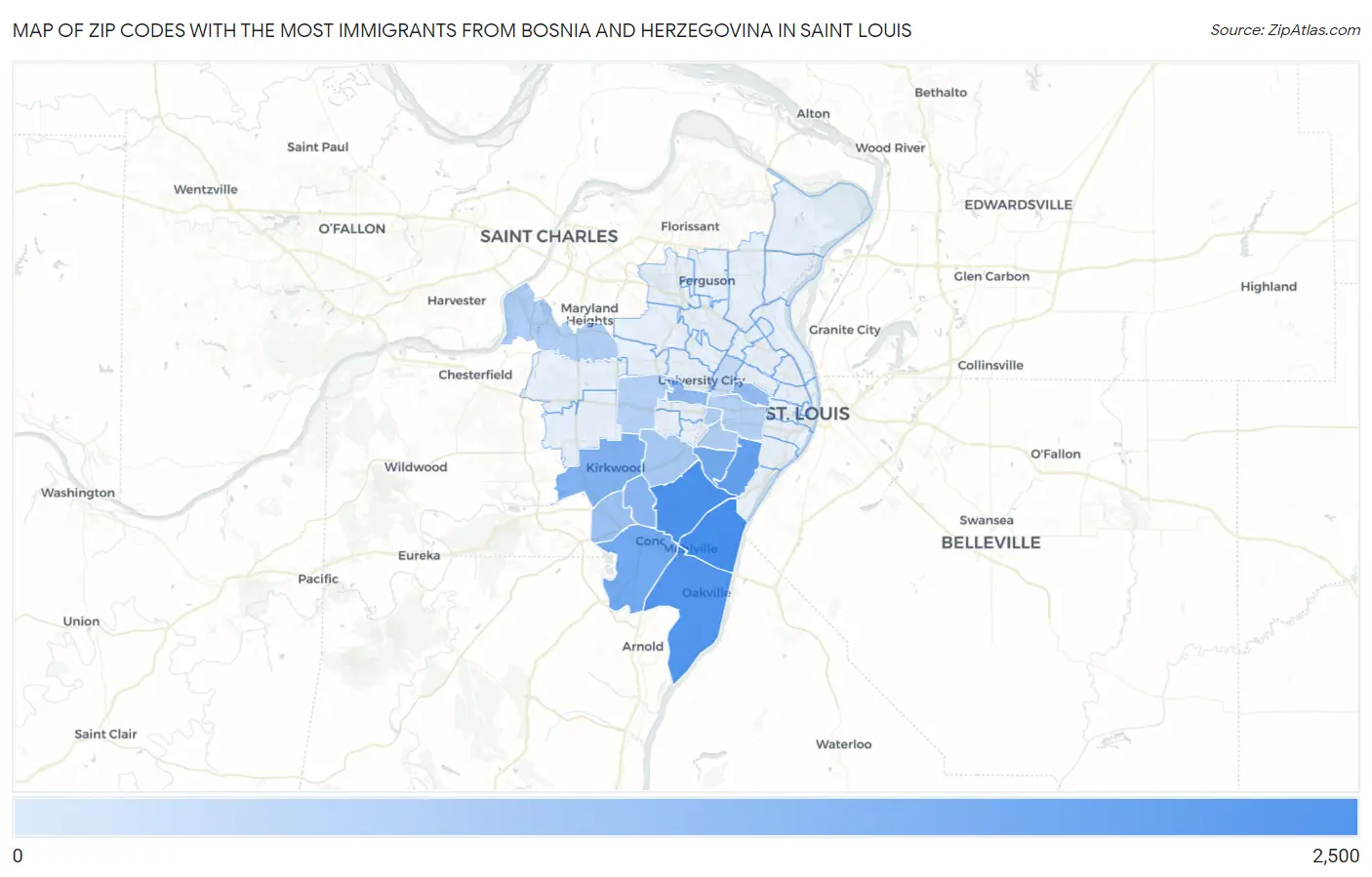 Zip Codes with the Most Immigrants from Bosnia and Herzegovina in Saint Louis Map