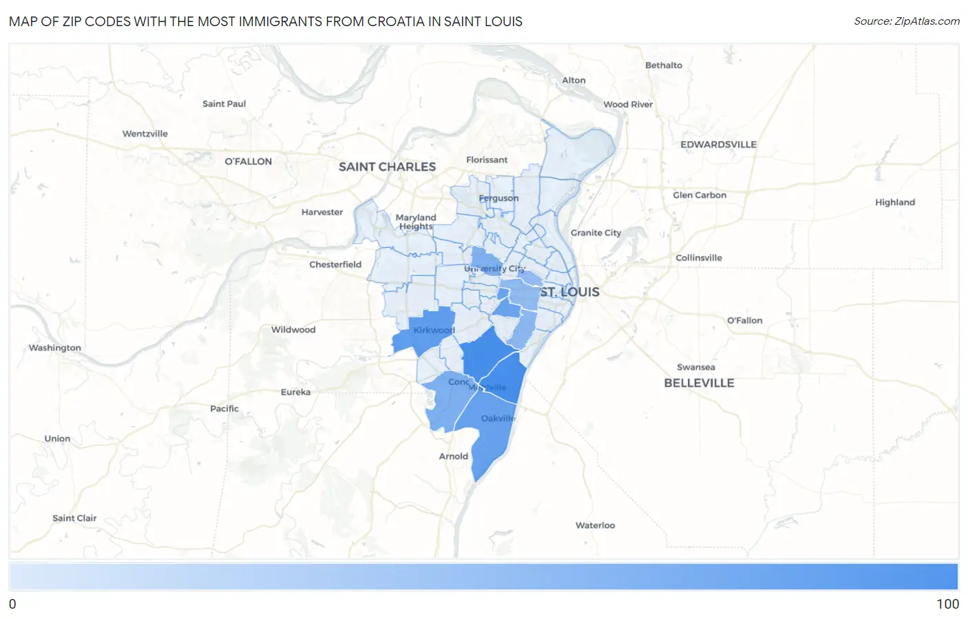 Zip Codes with the Most Immigrants from Croatia in Saint Louis Map