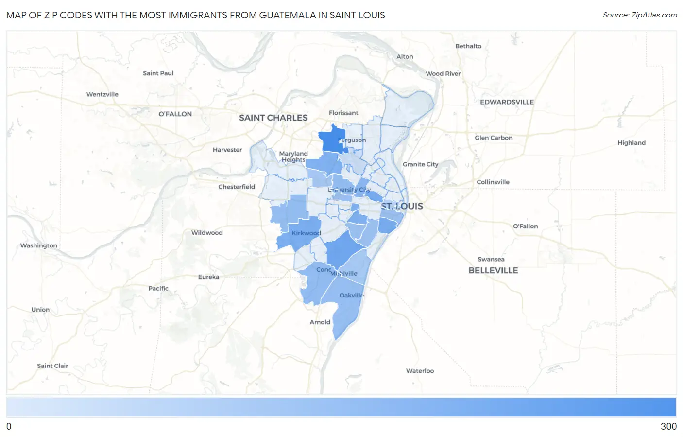 Zip Codes with the Most Immigrants from Guatemala in Saint Louis Map