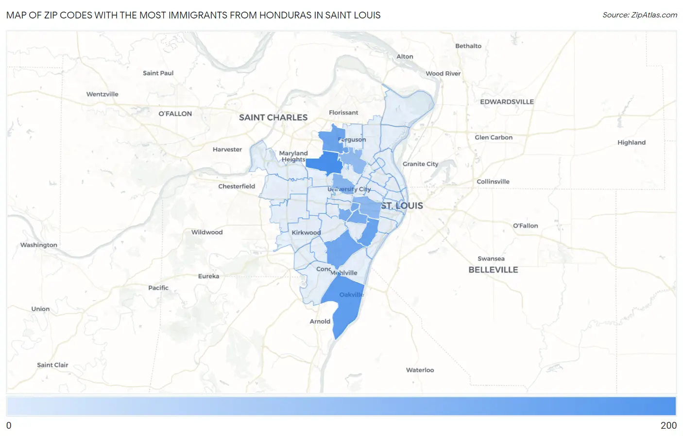 Zip Codes with the Most Immigrants from Honduras in Saint Louis Map