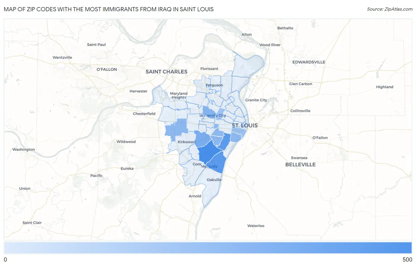 Zip Codes with the Most Immigrants from Iraq in Saint Louis Map