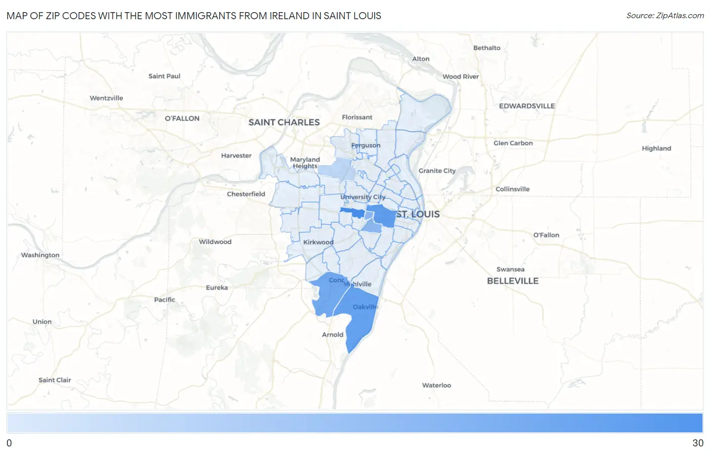 Zip Codes with the Most Immigrants from Ireland in Saint Louis Map
