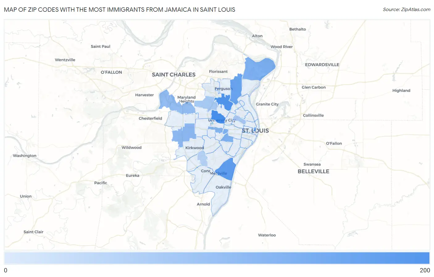 Zip Codes with the Most Immigrants from Jamaica in Saint Louis Map
