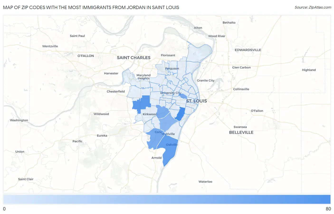 Zip Codes with the Most Immigrants from Jordan in Saint Louis Map