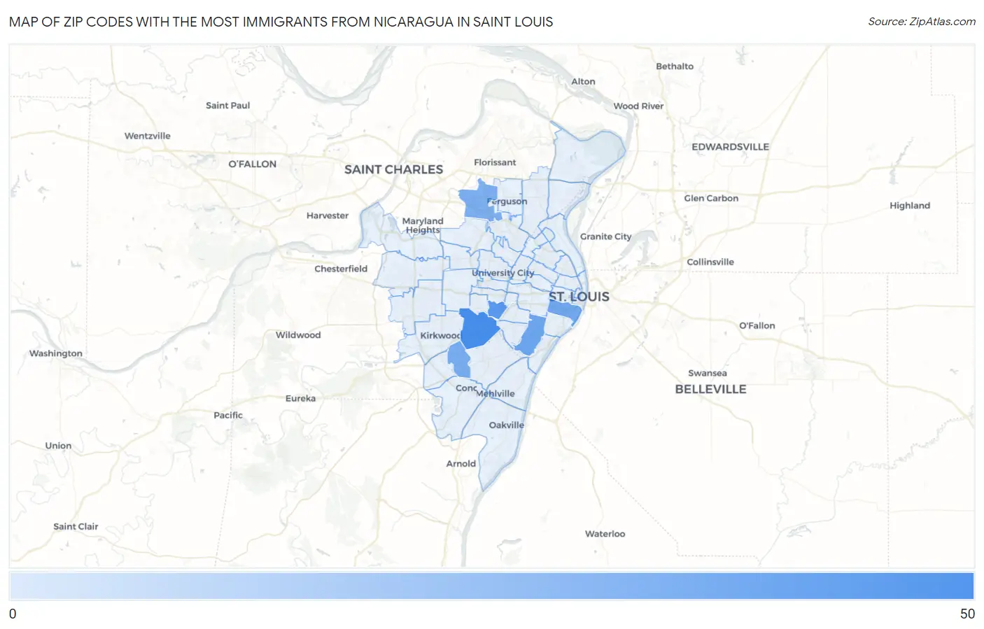 Zip Codes with the Most Immigrants from Nicaragua in Saint Louis Map