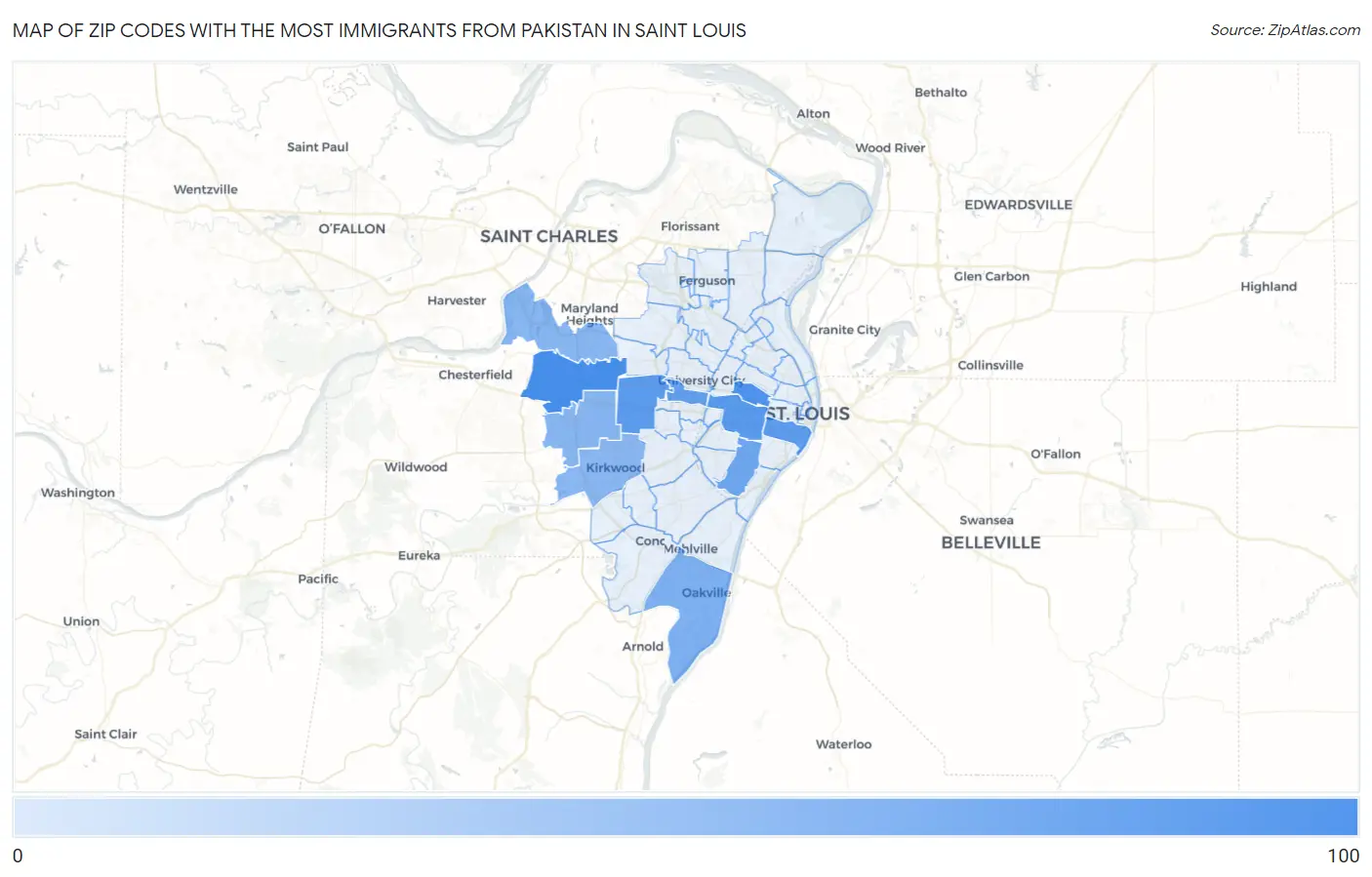 Zip Codes with the Most Immigrants from Pakistan in Saint Louis Map