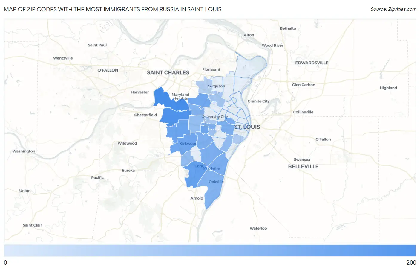 Zip Codes with the Most Immigrants from Russia in Saint Louis Map