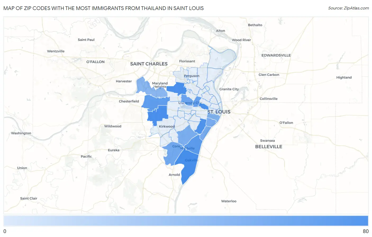 Zip Codes with the Most Immigrants from Thailand in Saint Louis Map
