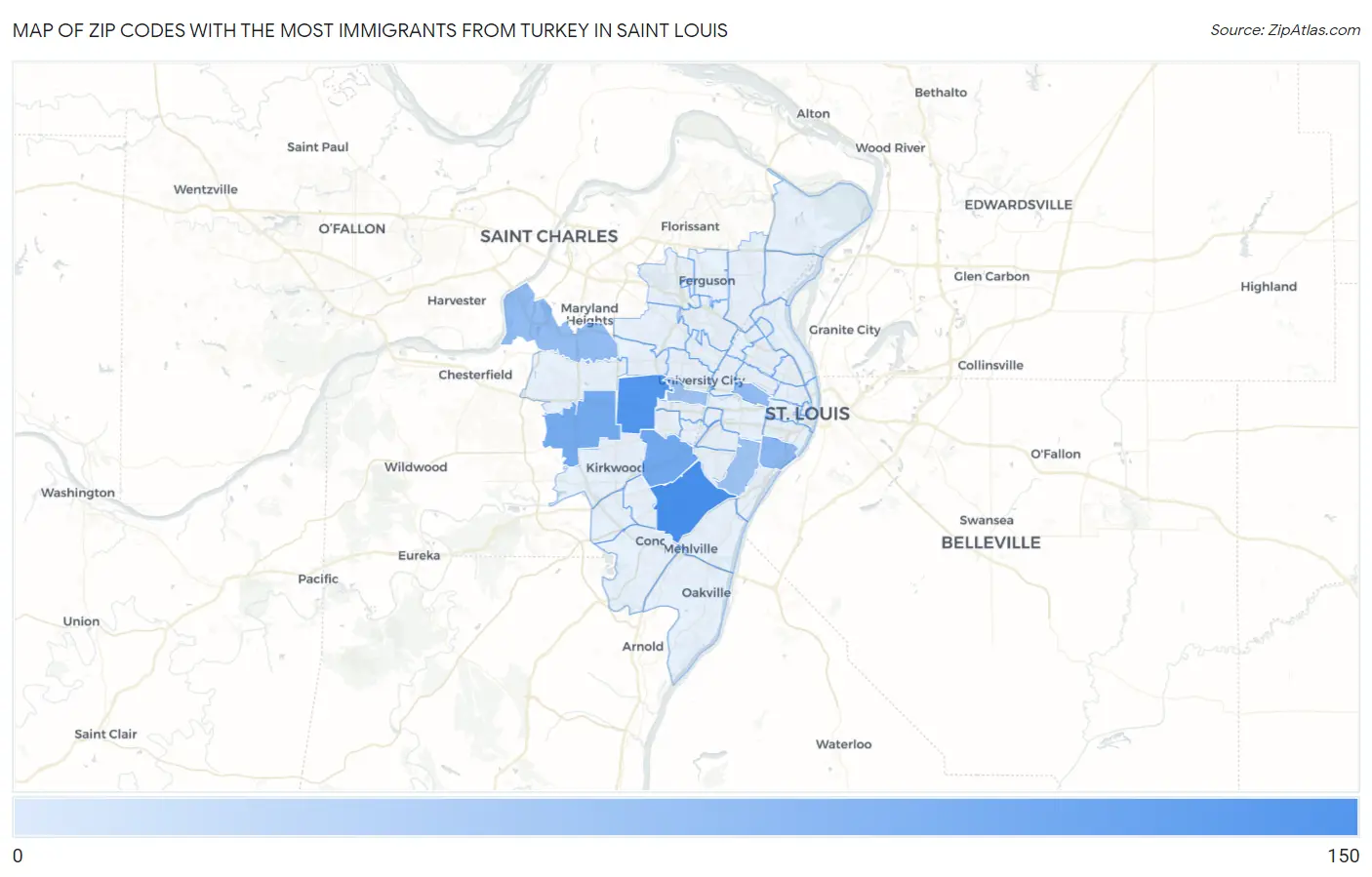Zip Codes with the Most Immigrants from Turkey in Saint Louis Map