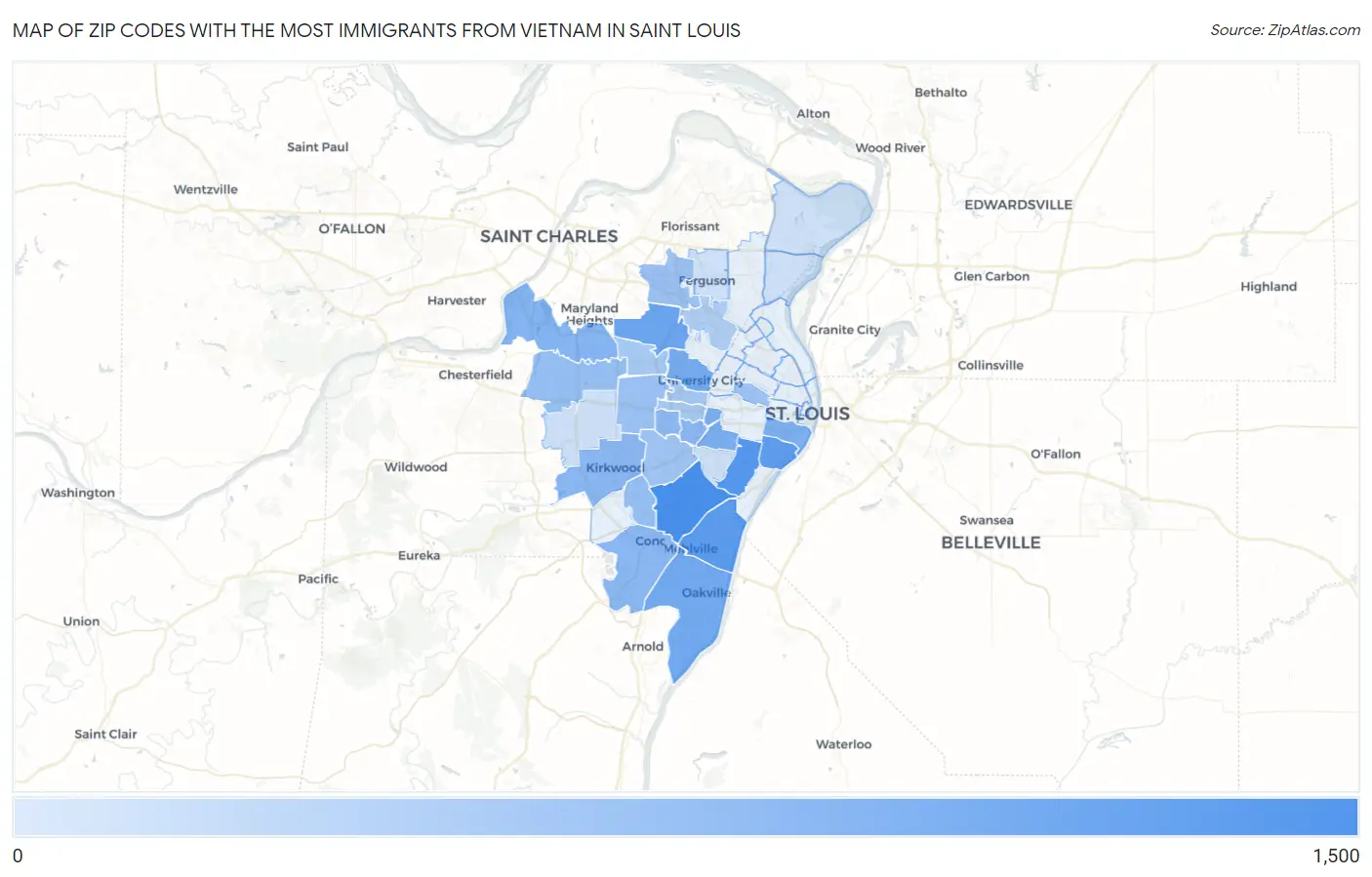 Zip Codes with the Most Immigrants from Vietnam in Saint Louis Map