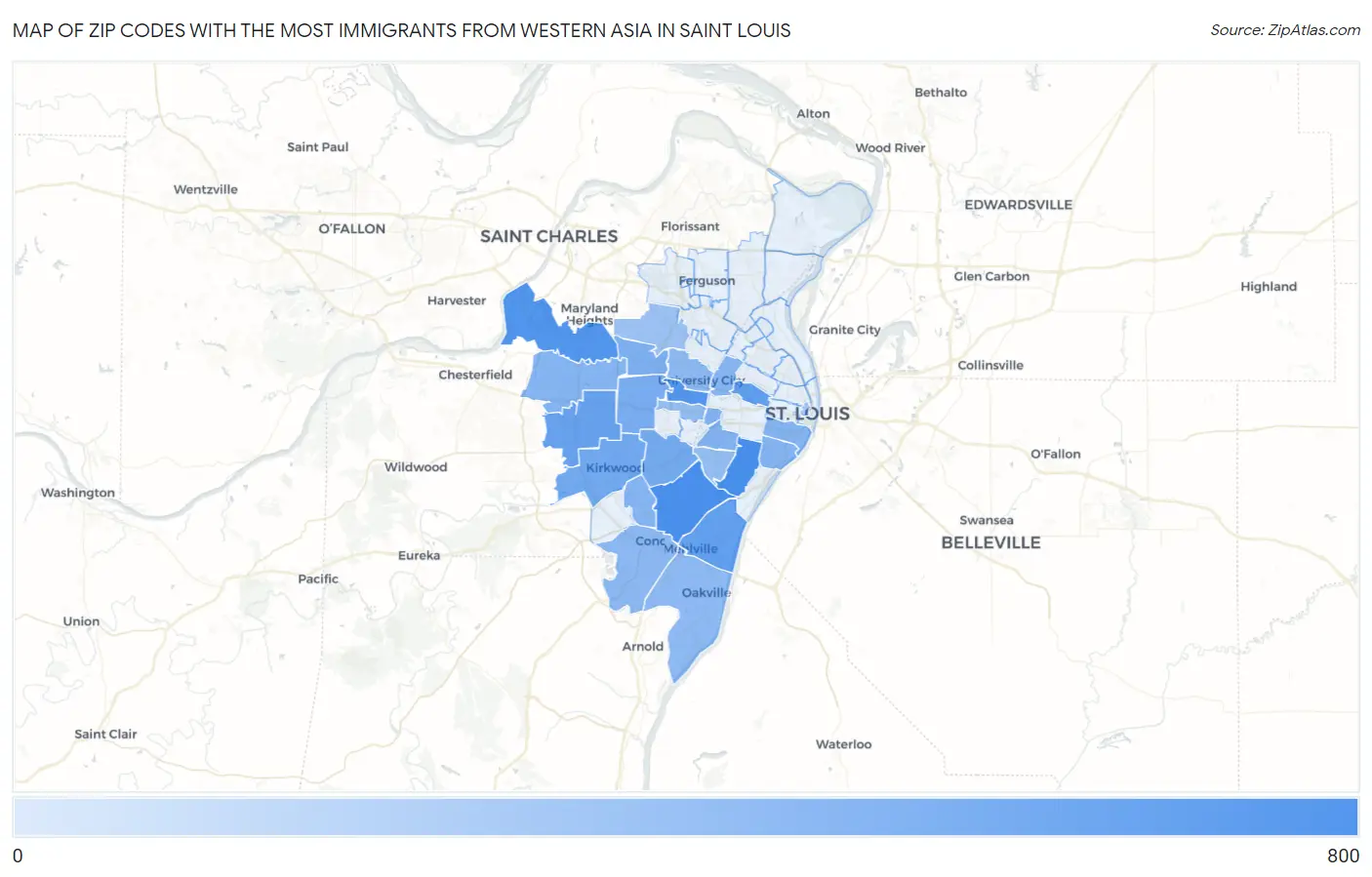 Zip Codes with the Most Immigrants from Western Asia in Saint Louis Map