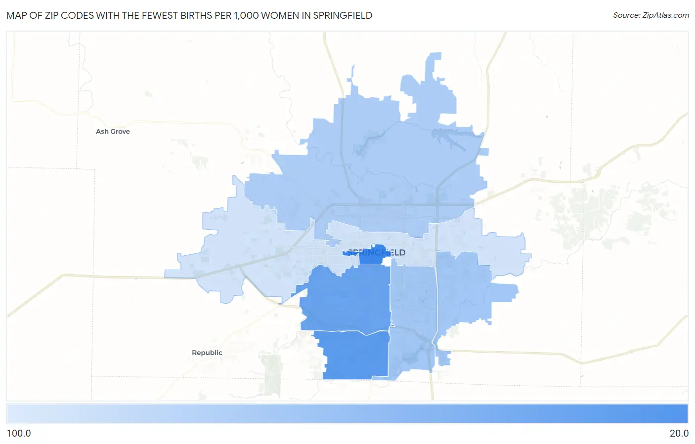 Zip Codes with the Fewest Births per 1,000 Women in Springfield Map