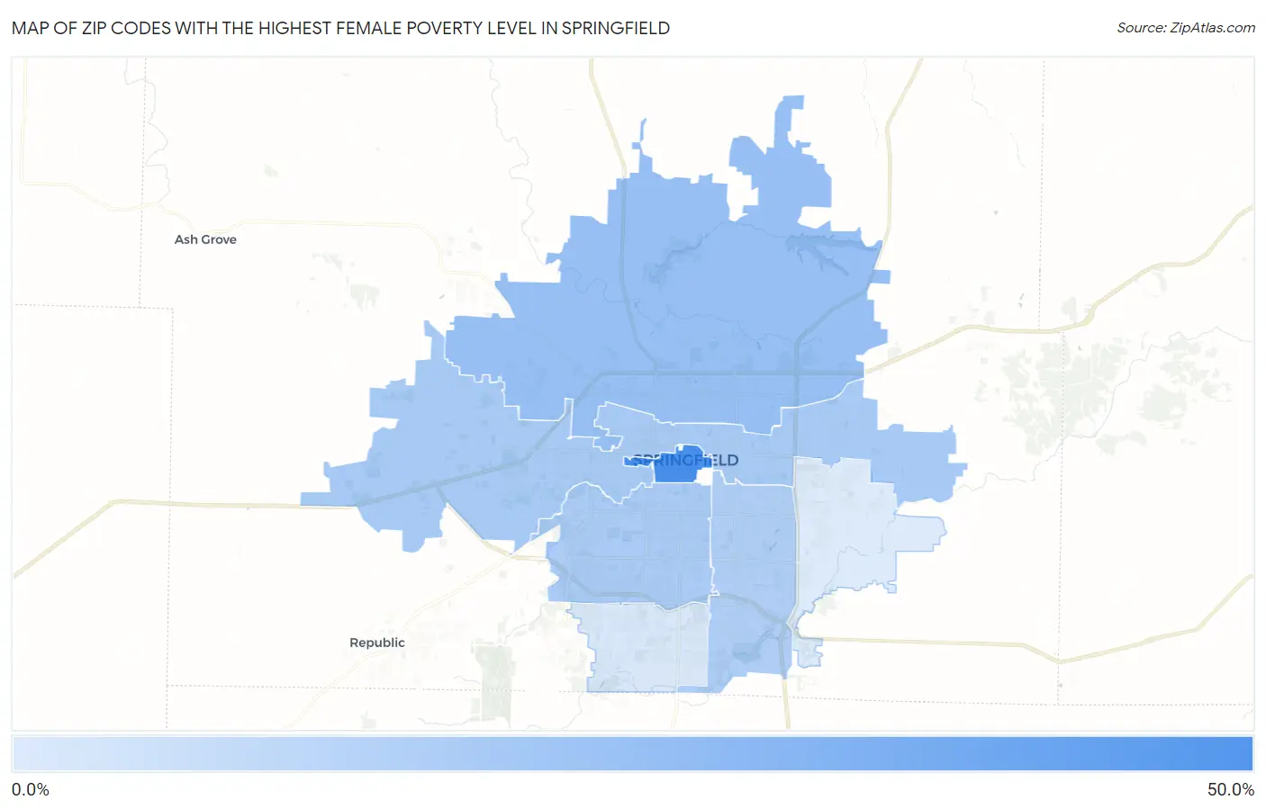 Zip Codes with the Highest Female Poverty Level in Springfield Map
