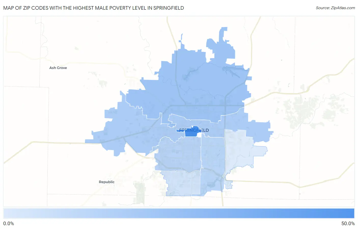 Zip Codes with the Highest Male Poverty Level in Springfield Map