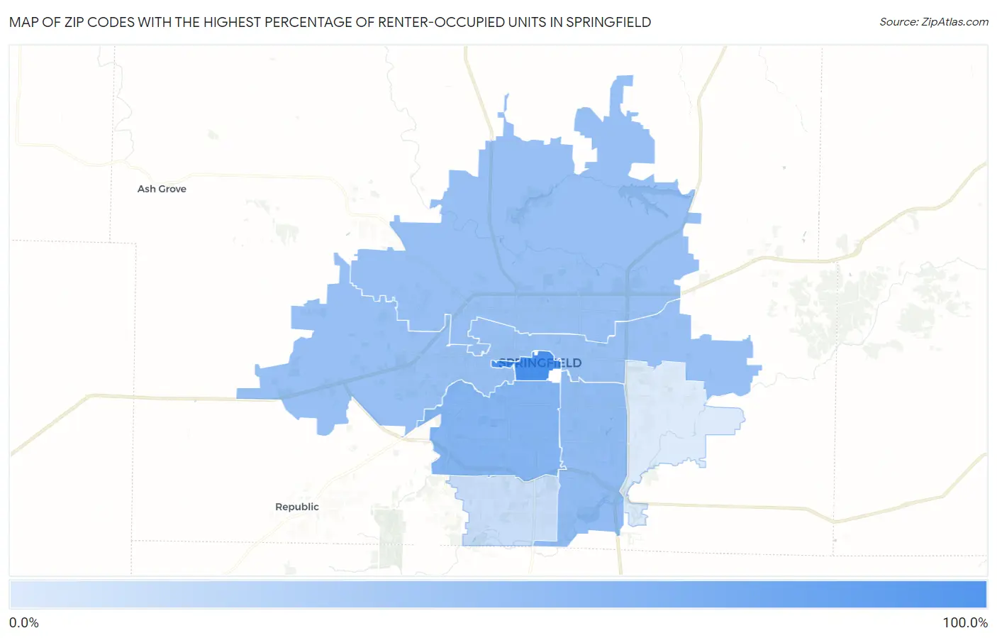 Zip Codes with the Highest Percentage of Renter-Occupied Units in Springfield Map