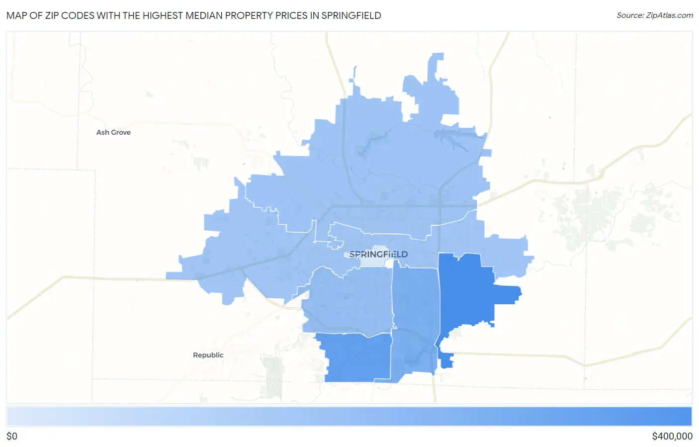 Zip Codes with the Highest Median Property Prices in Springfield Map