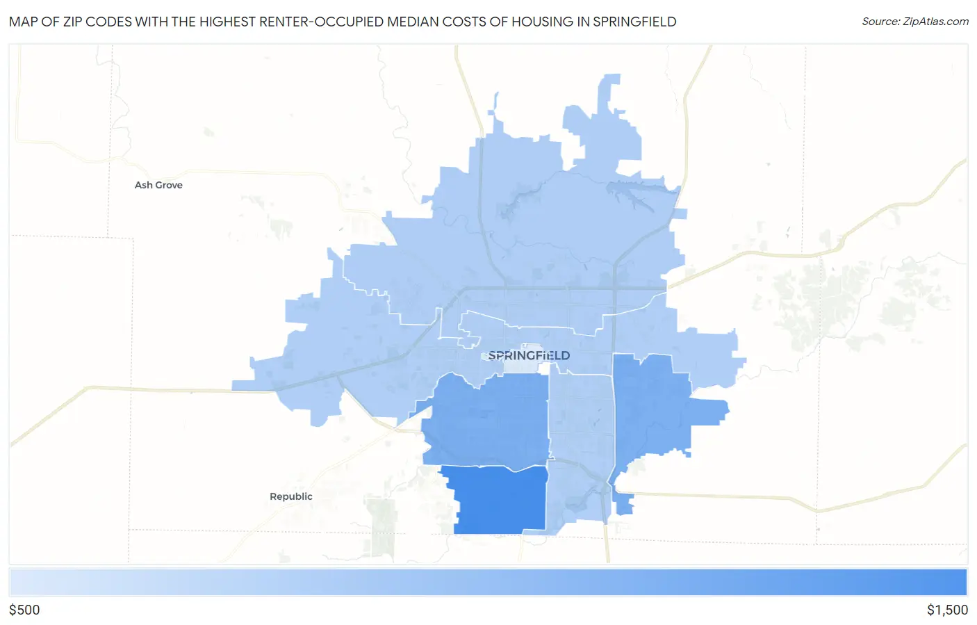 Zip Codes with the Highest Renter-Occupied Median Costs of Housing in Springfield Map