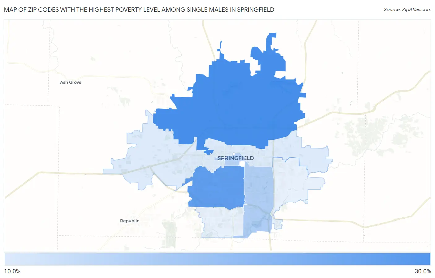 Zip Codes with the Highest Poverty Level Among Single Males in Springfield Map