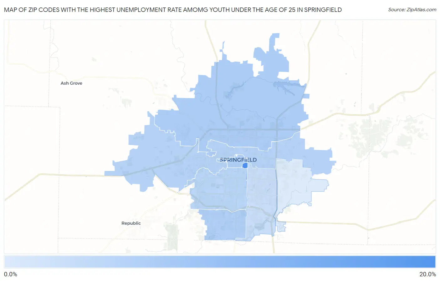 Zip Codes with the Highest Unemployment Rate Amomg Youth Under the Age of 25 in Springfield Map