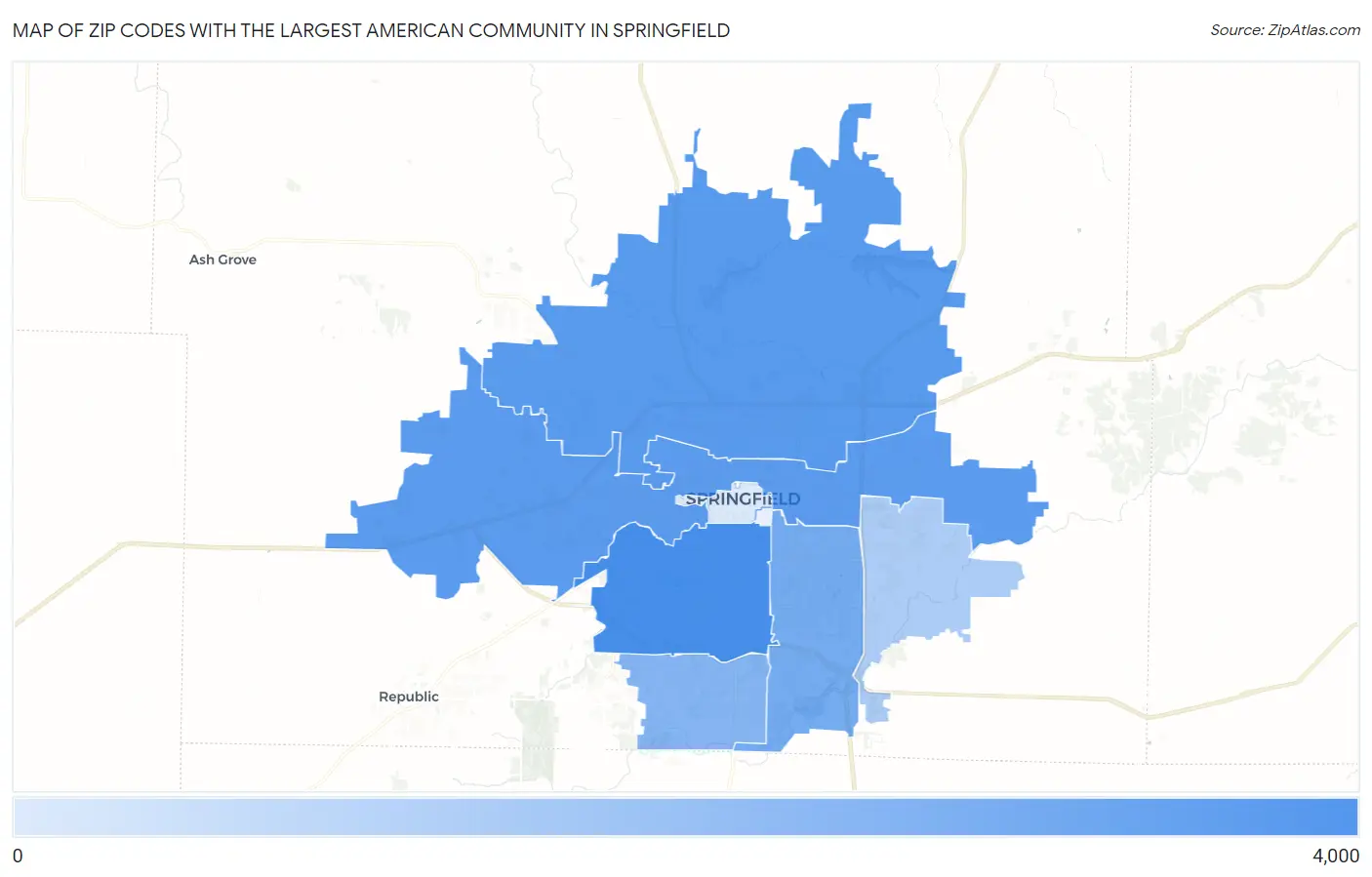 Zip Codes with the Largest American Community in Springfield Map