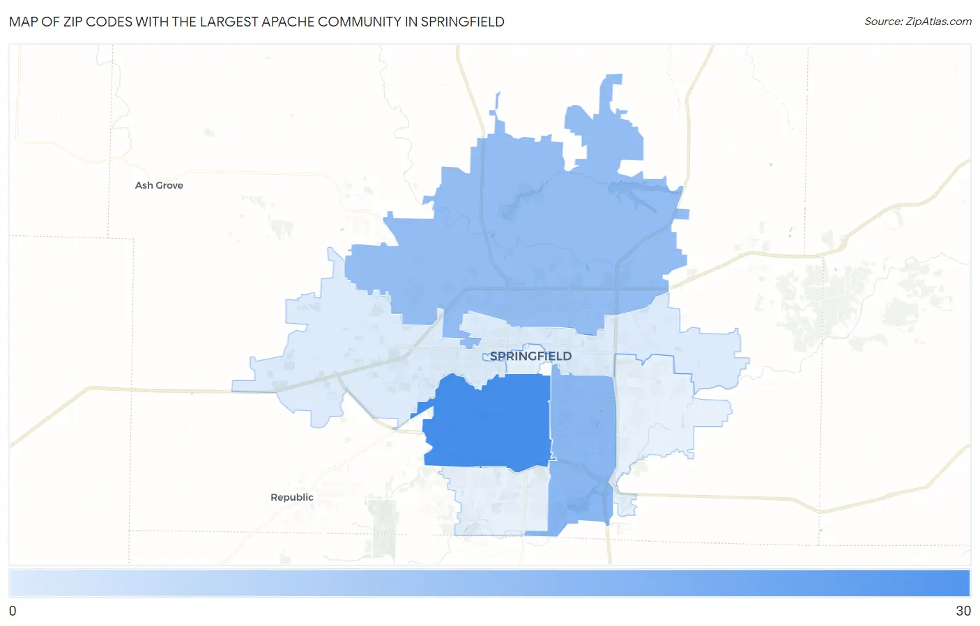 Zip Codes with the Largest Apache Community in Springfield Map