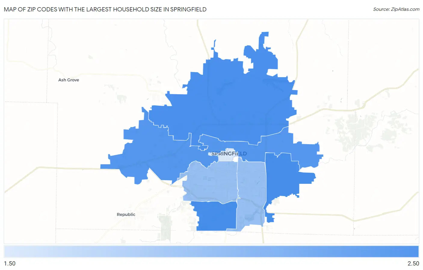 Zip Codes with the Largest Household Size in Springfield Map