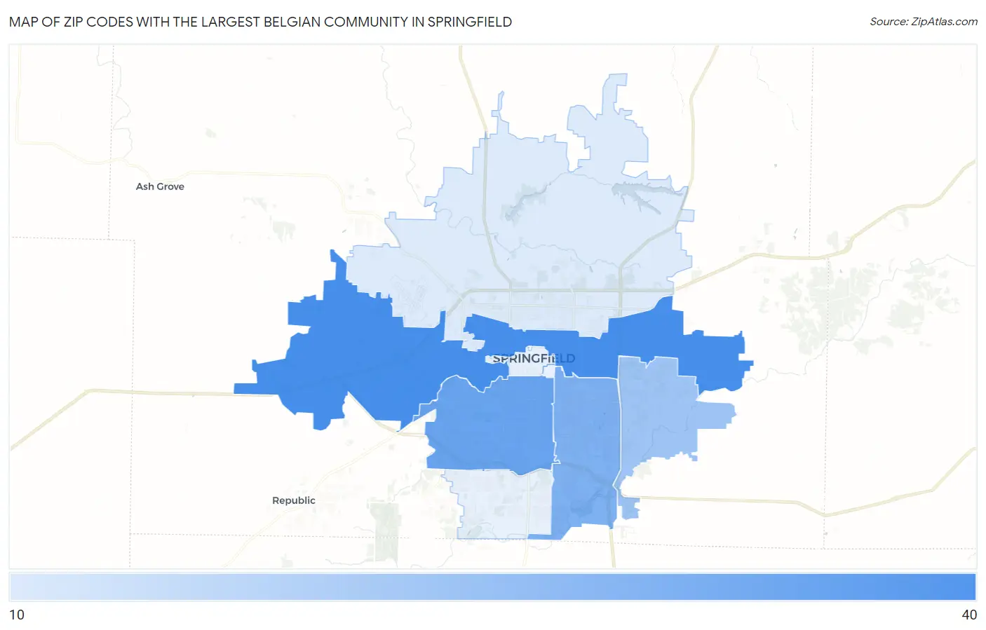 Zip Codes with the Largest Belgian Community in Springfield Map