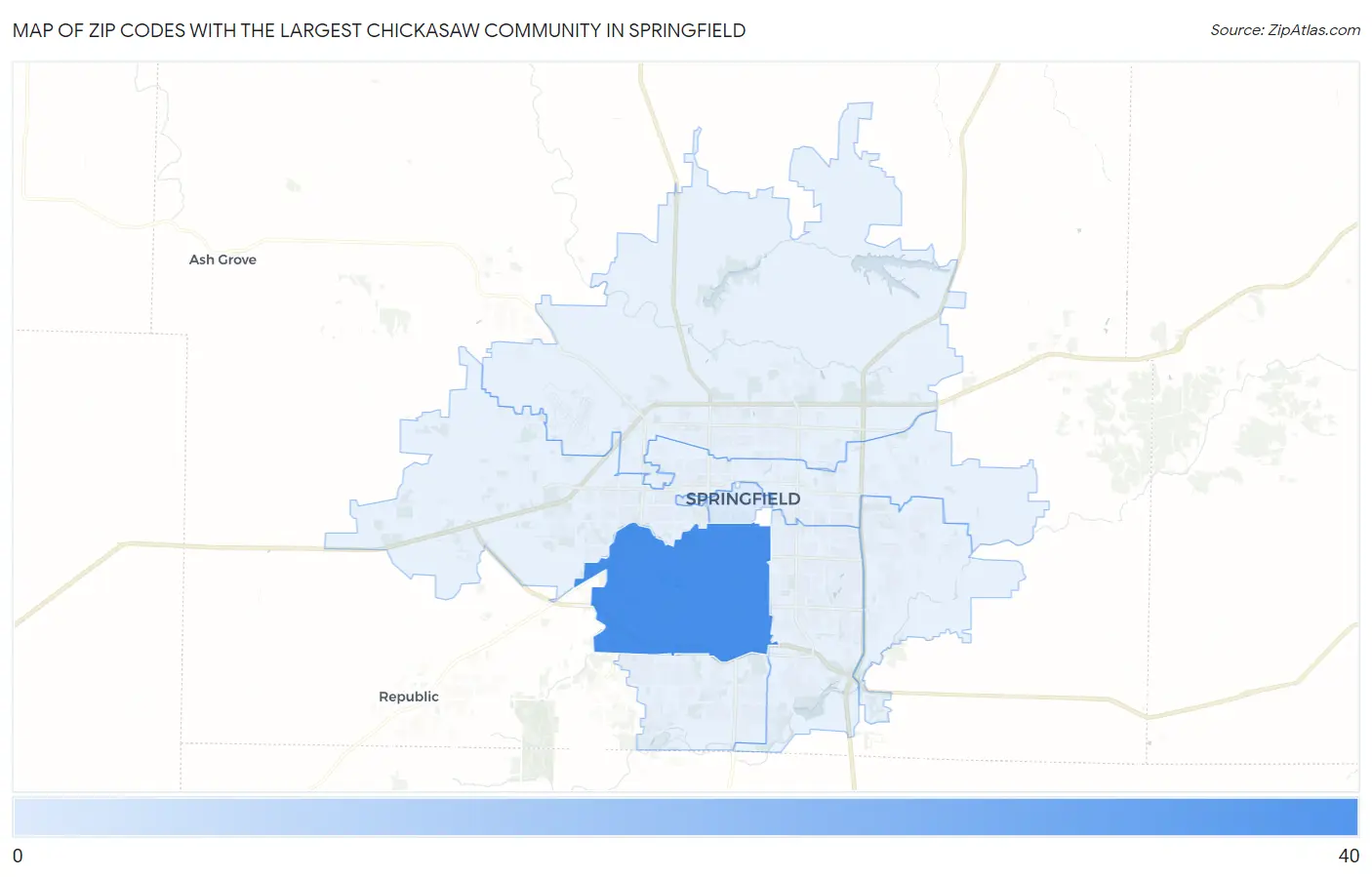 Zip Codes with the Largest Chickasaw Community in Springfield Map