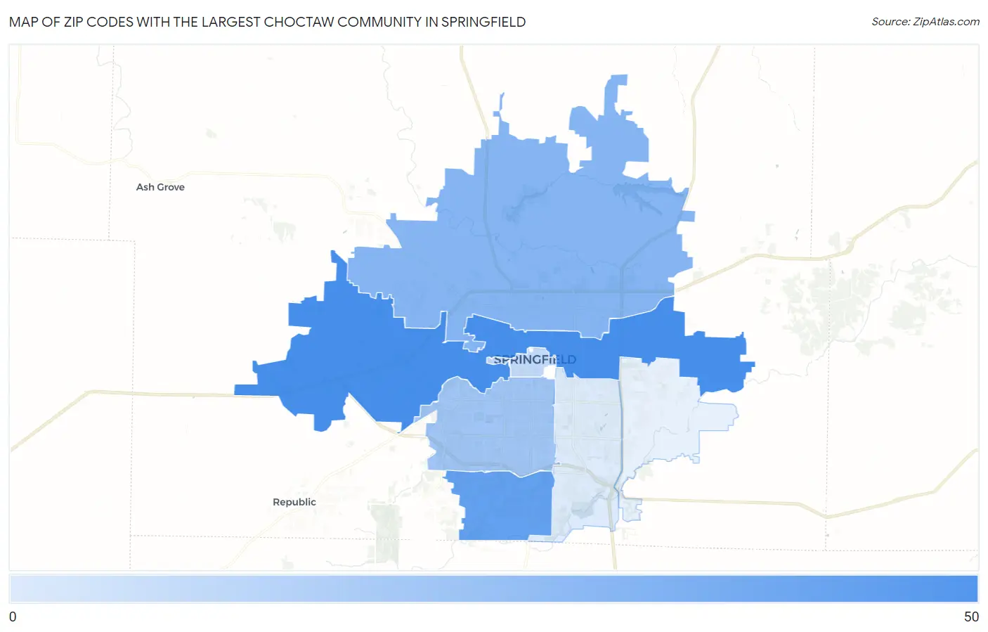 Zip Codes with the Largest Choctaw Community in Springfield Map