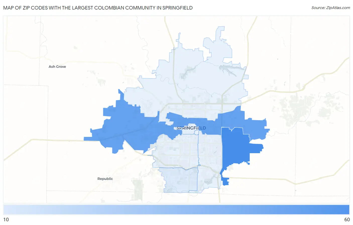Zip Codes with the Largest Colombian Community in Springfield Map