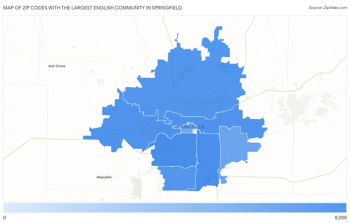 Zip Codes with the Largest English Community in Springfield Map