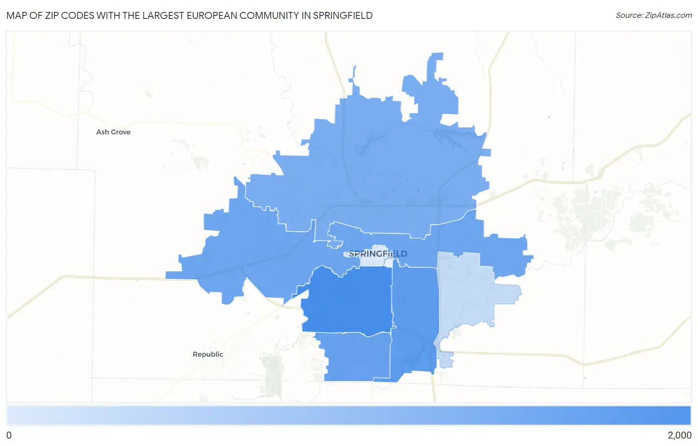 Zip Codes with the Largest European Community in Springfield Map