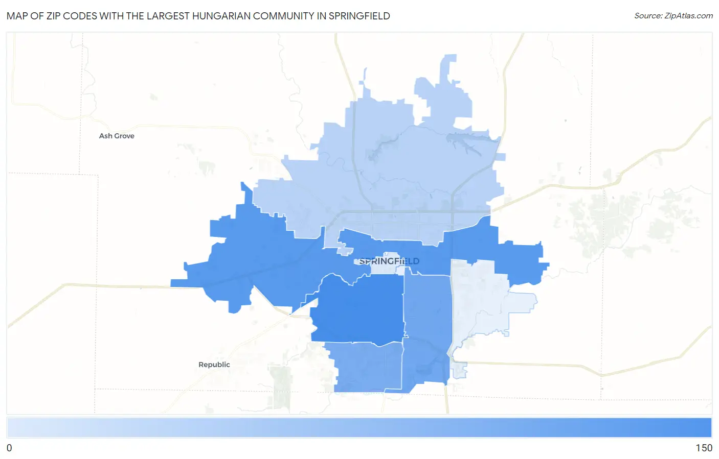 Zip Codes with the Largest Hungarian Community in Springfield Map