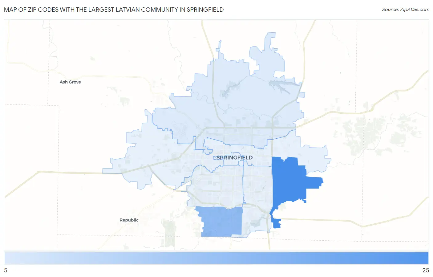 Zip Codes with the Largest Latvian Community in Springfield Map