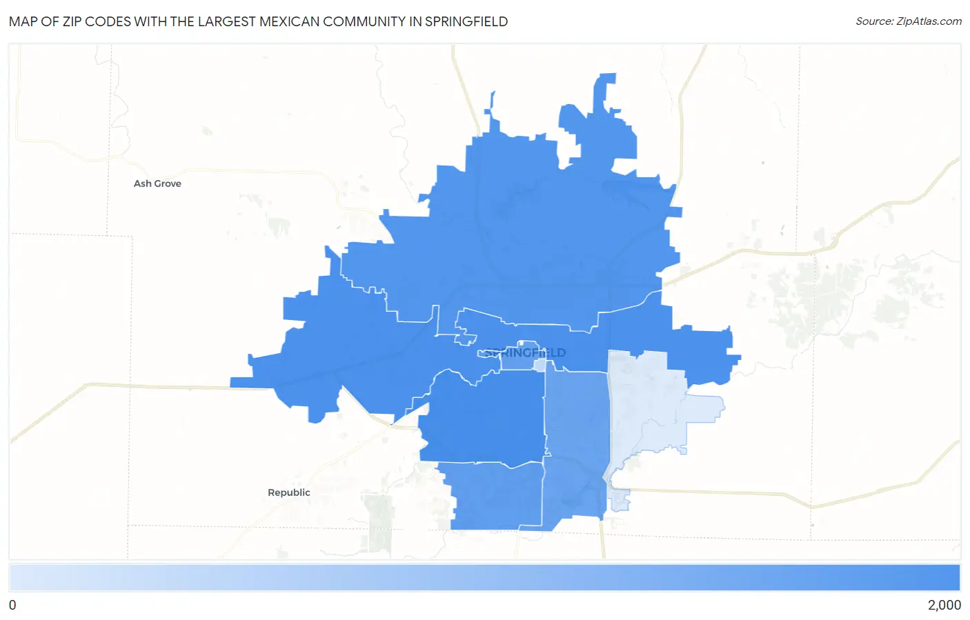 Zip Codes with the Largest Mexican Community in Springfield Map