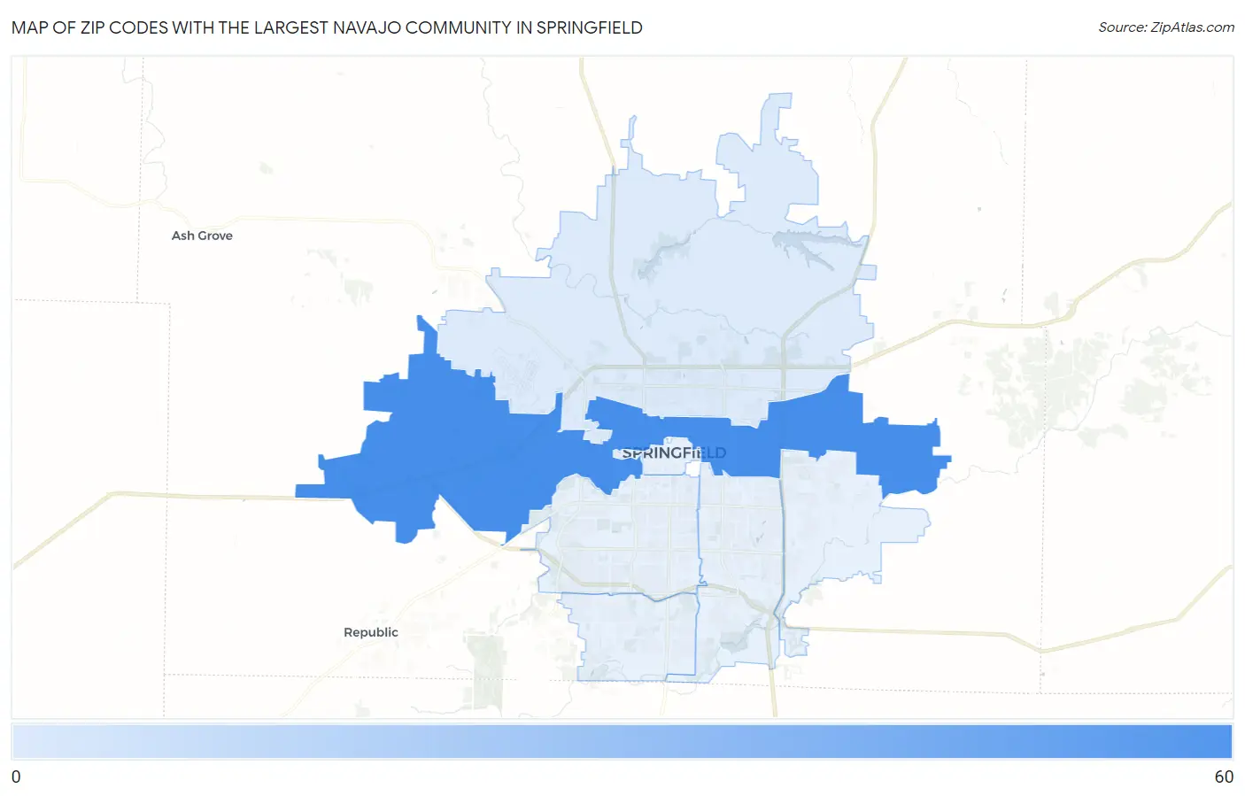Zip Codes with the Largest Navajo Community in Springfield Map