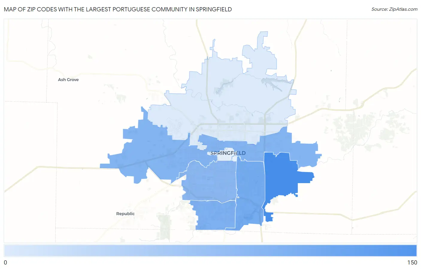 Zip Codes with the Largest Portuguese Community in Springfield Map