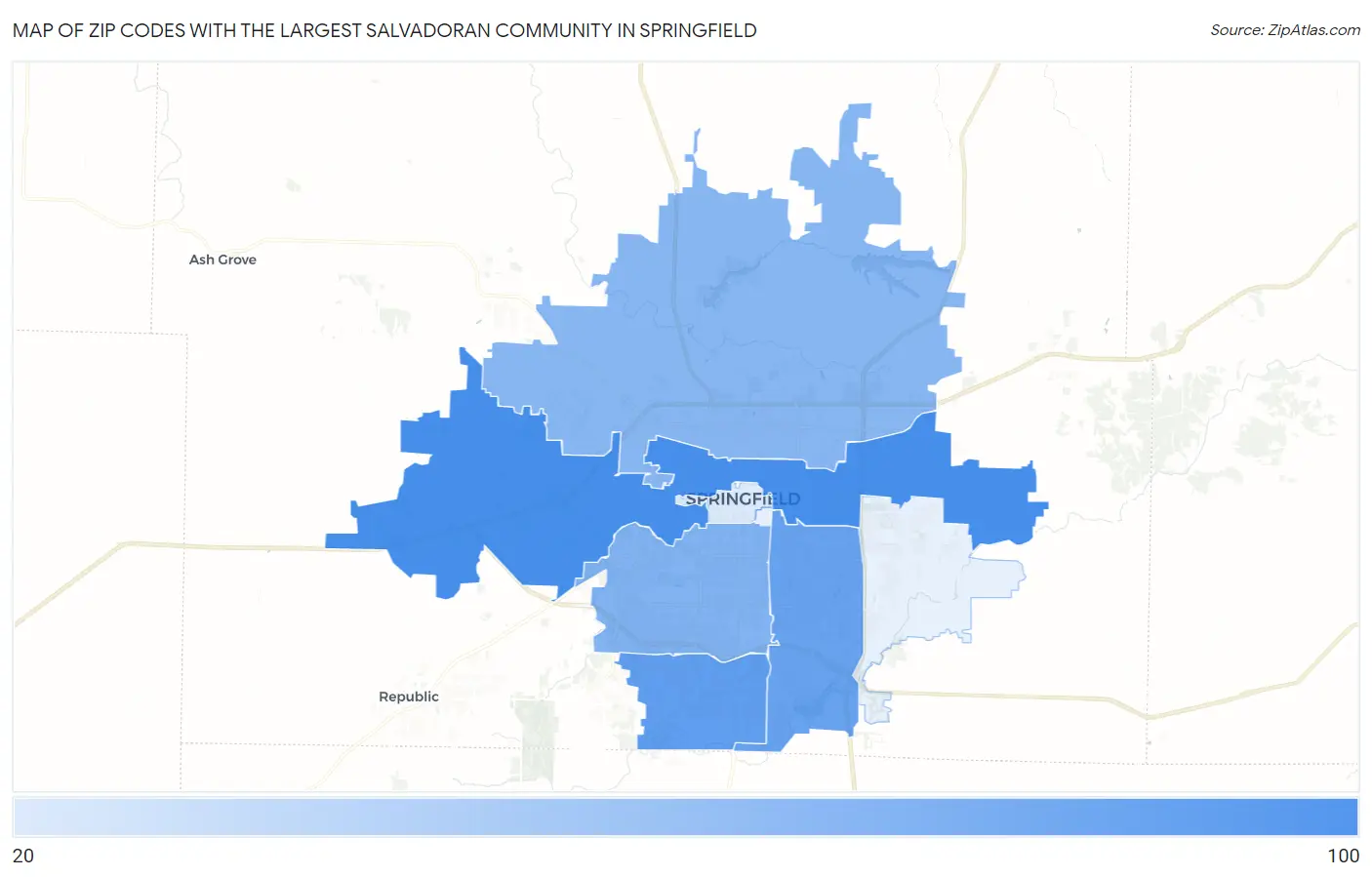 Zip Codes with the Largest Salvadoran Community in Springfield Map