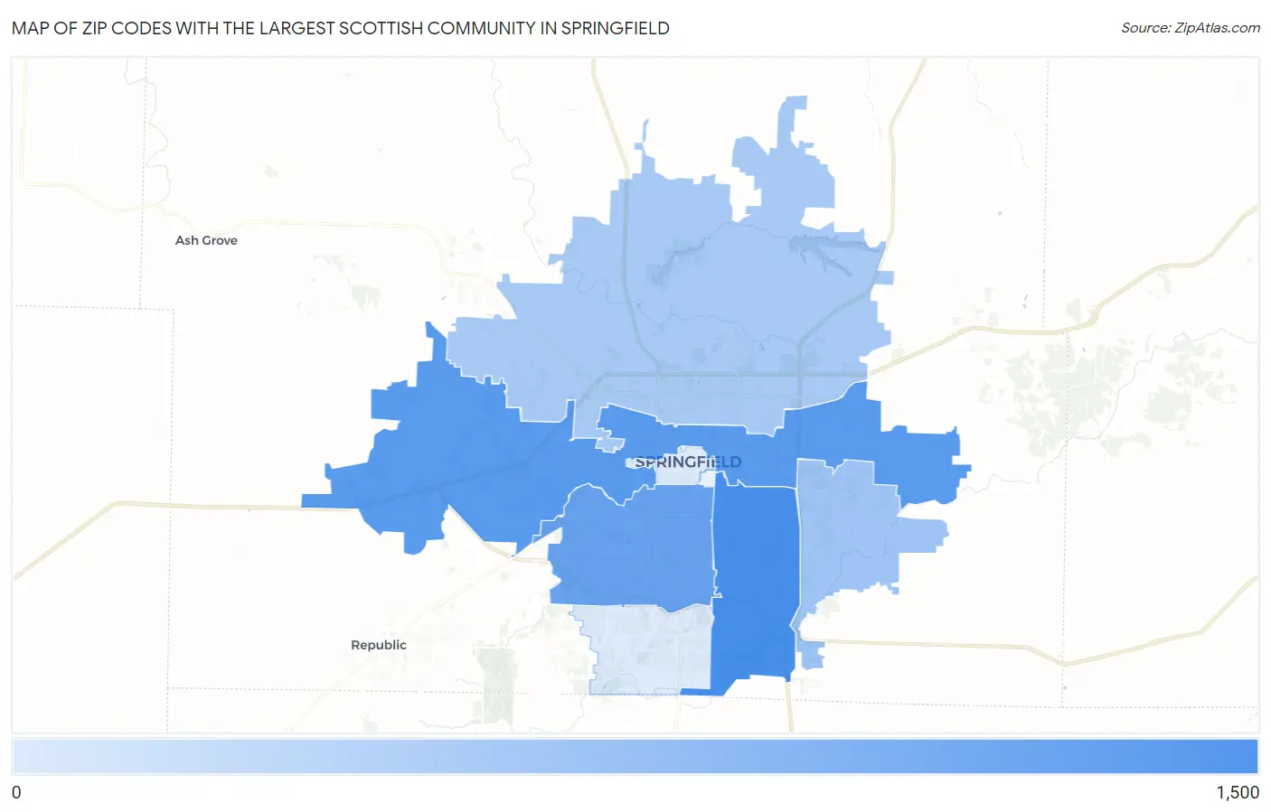 Zip Codes with the Largest Scottish Community in Springfield Map