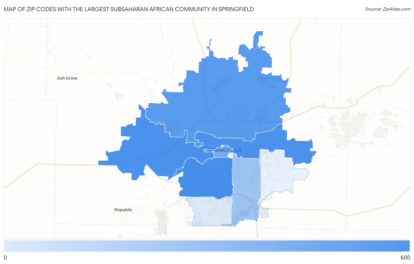 Zip Codes with the Largest Subsaharan African Community in Springfield Map