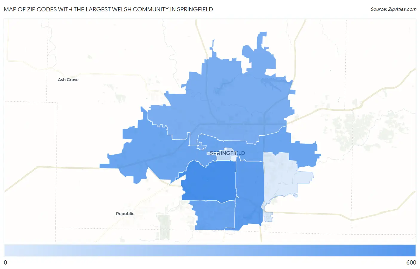 Zip Codes with the Largest Welsh Community in Springfield Map