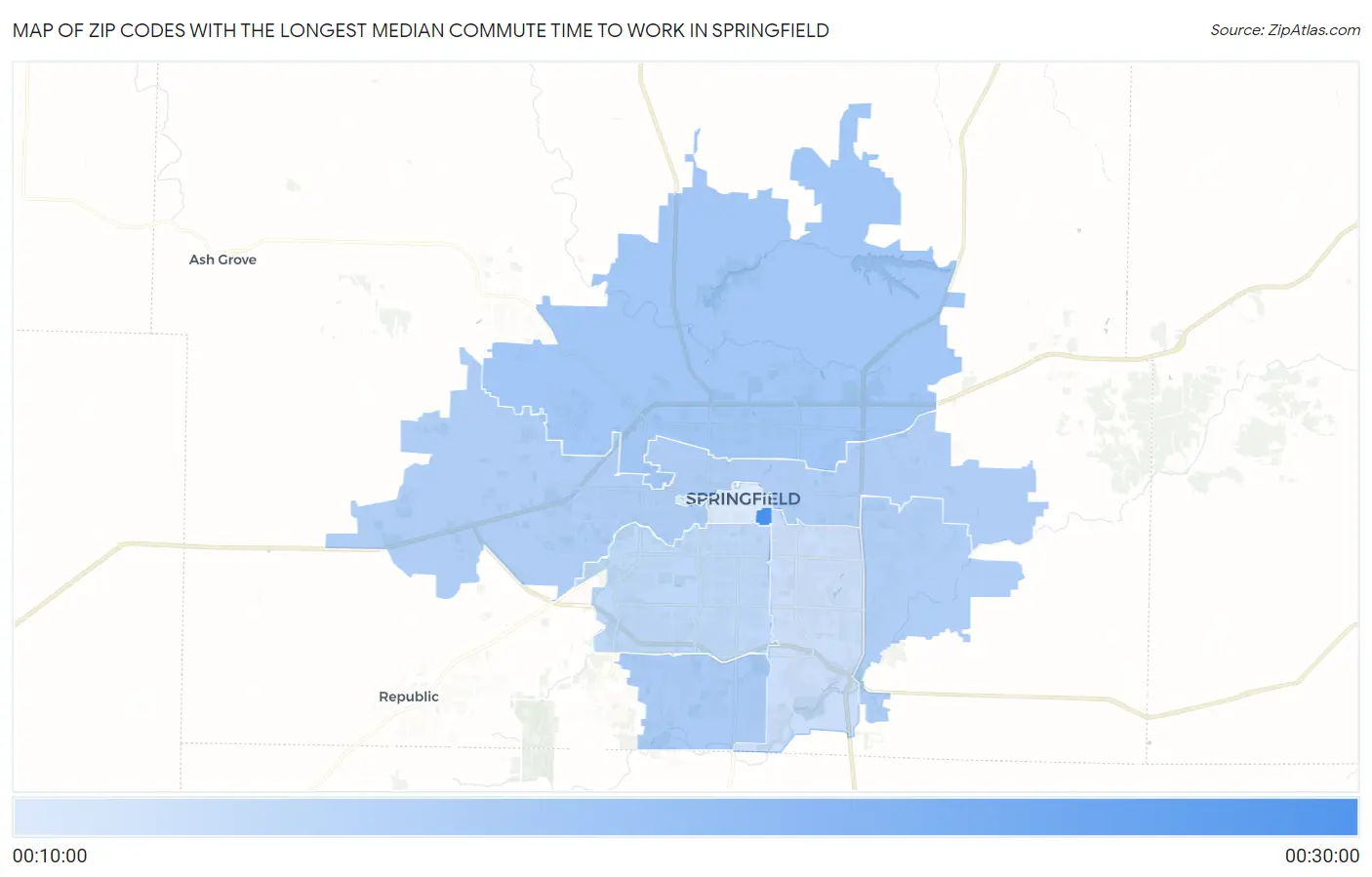 Zip Codes with the Longest Median Commute Time to Work in Springfield Map