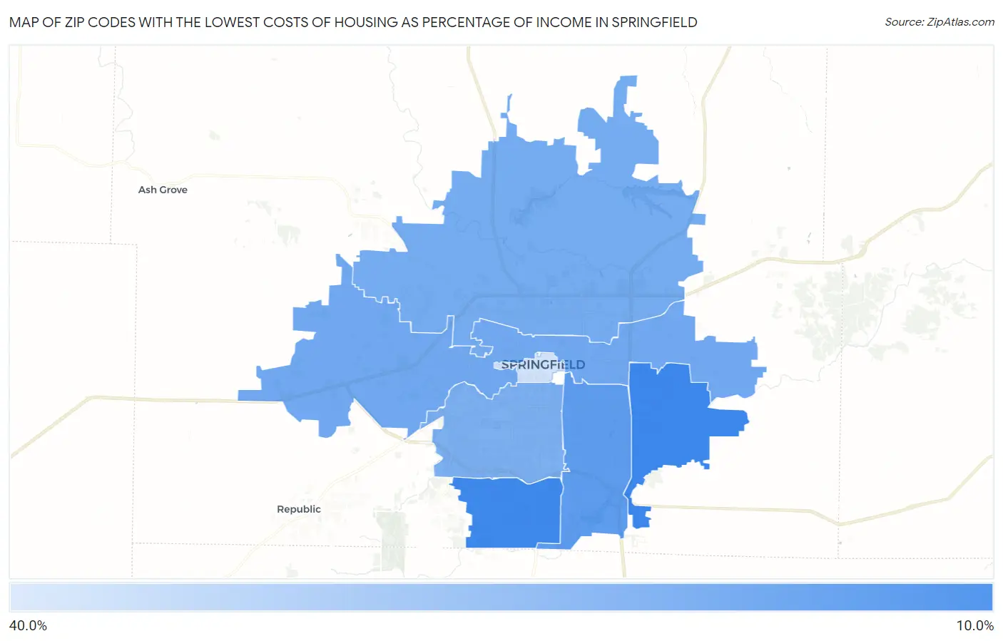 Zip Codes with the Lowest Costs of Housing as Percentage of Income in Springfield Map