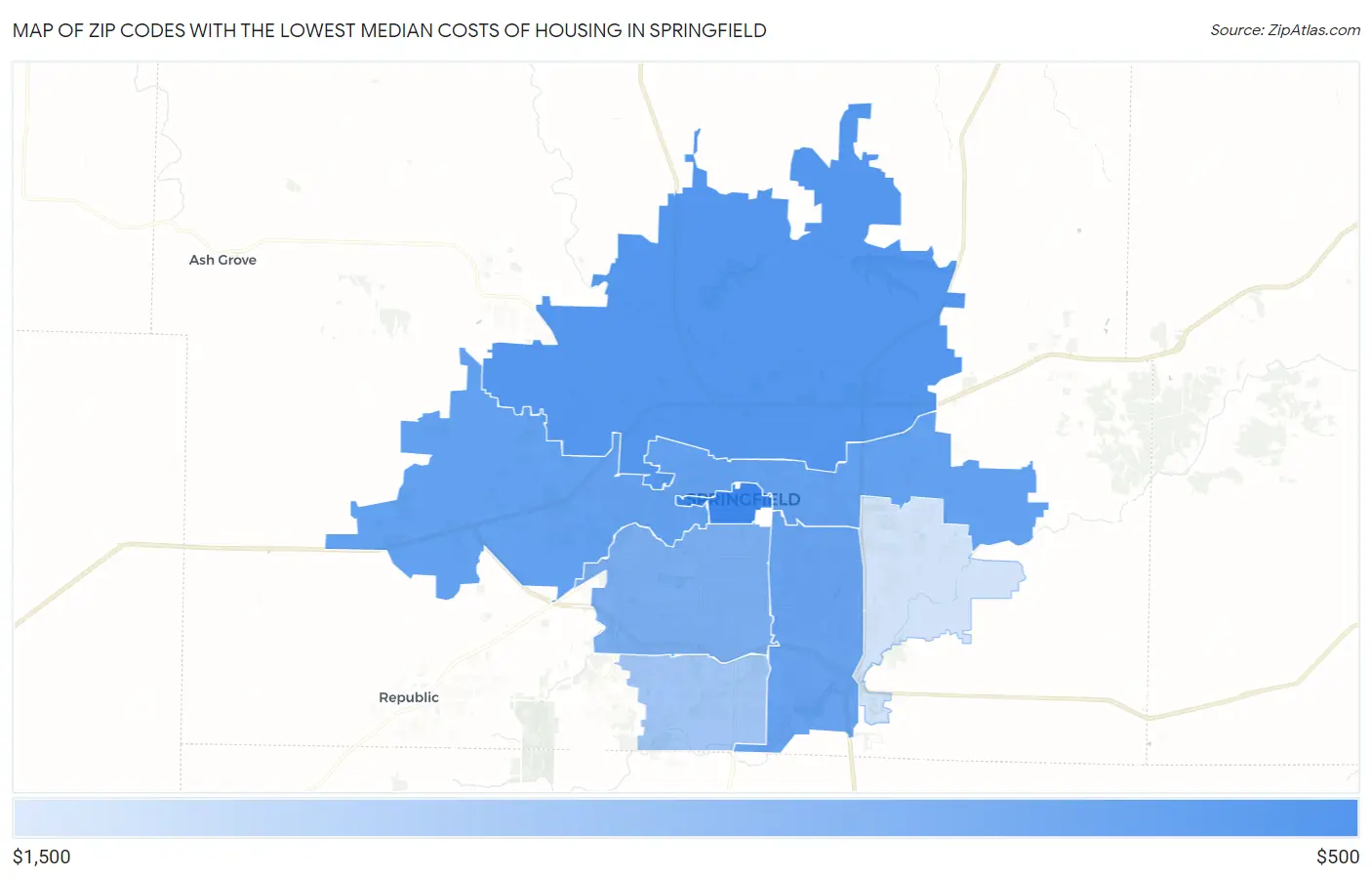 Zip Codes with the Lowest Median Costs of Housing in Springfield Map