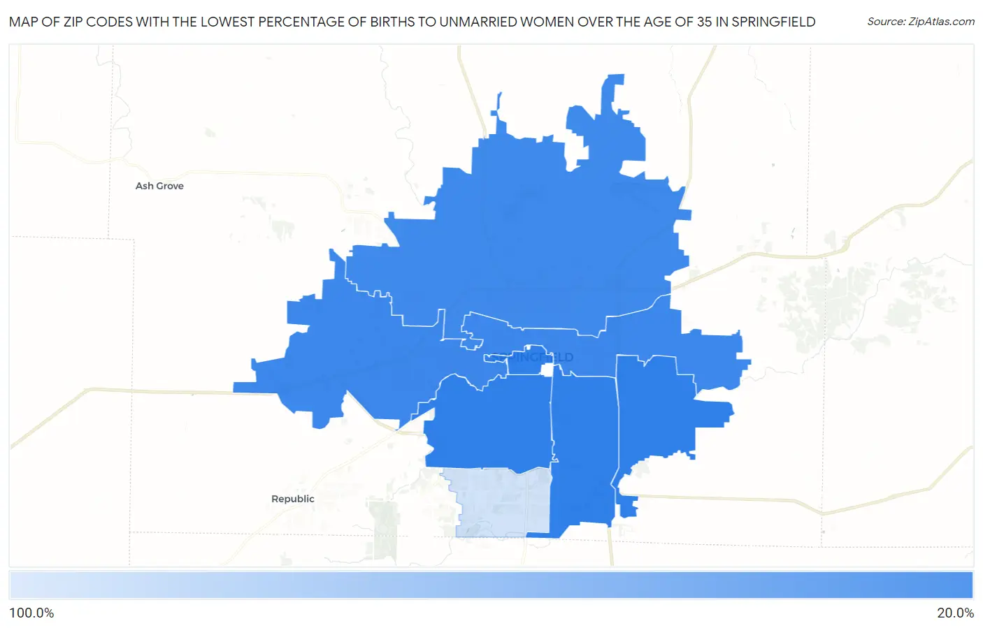 Zip Codes with the Lowest Percentage of Births to Unmarried Women over the Age of 35 in Springfield Map