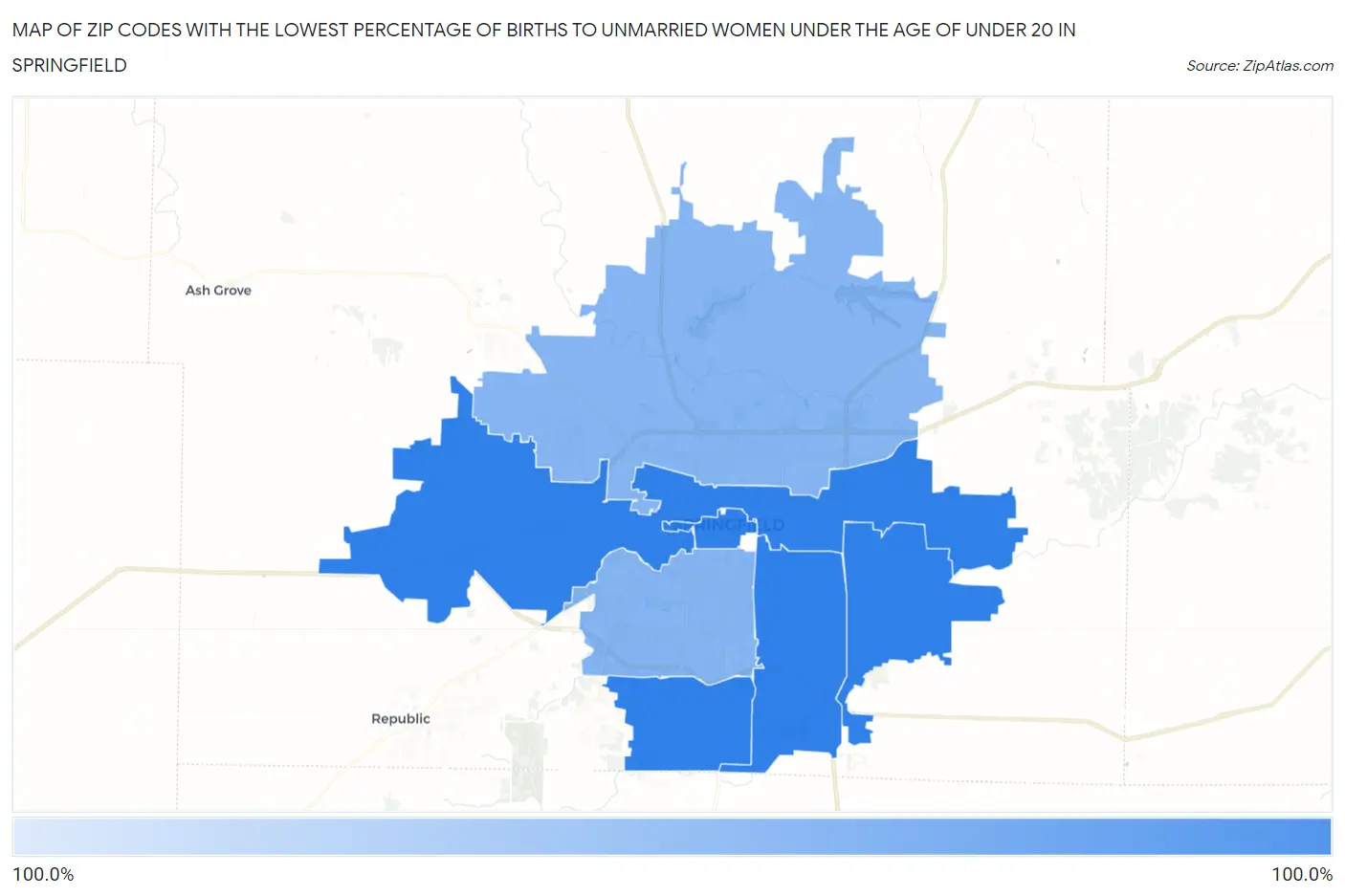Zip Codes with the Lowest Percentage of Births to Unmarried Women under the Age of under 20 in Springfield Map