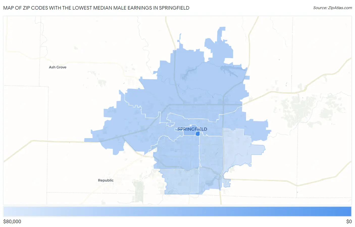 Zip Codes with the Lowest Median Male Earnings in Springfield Map
