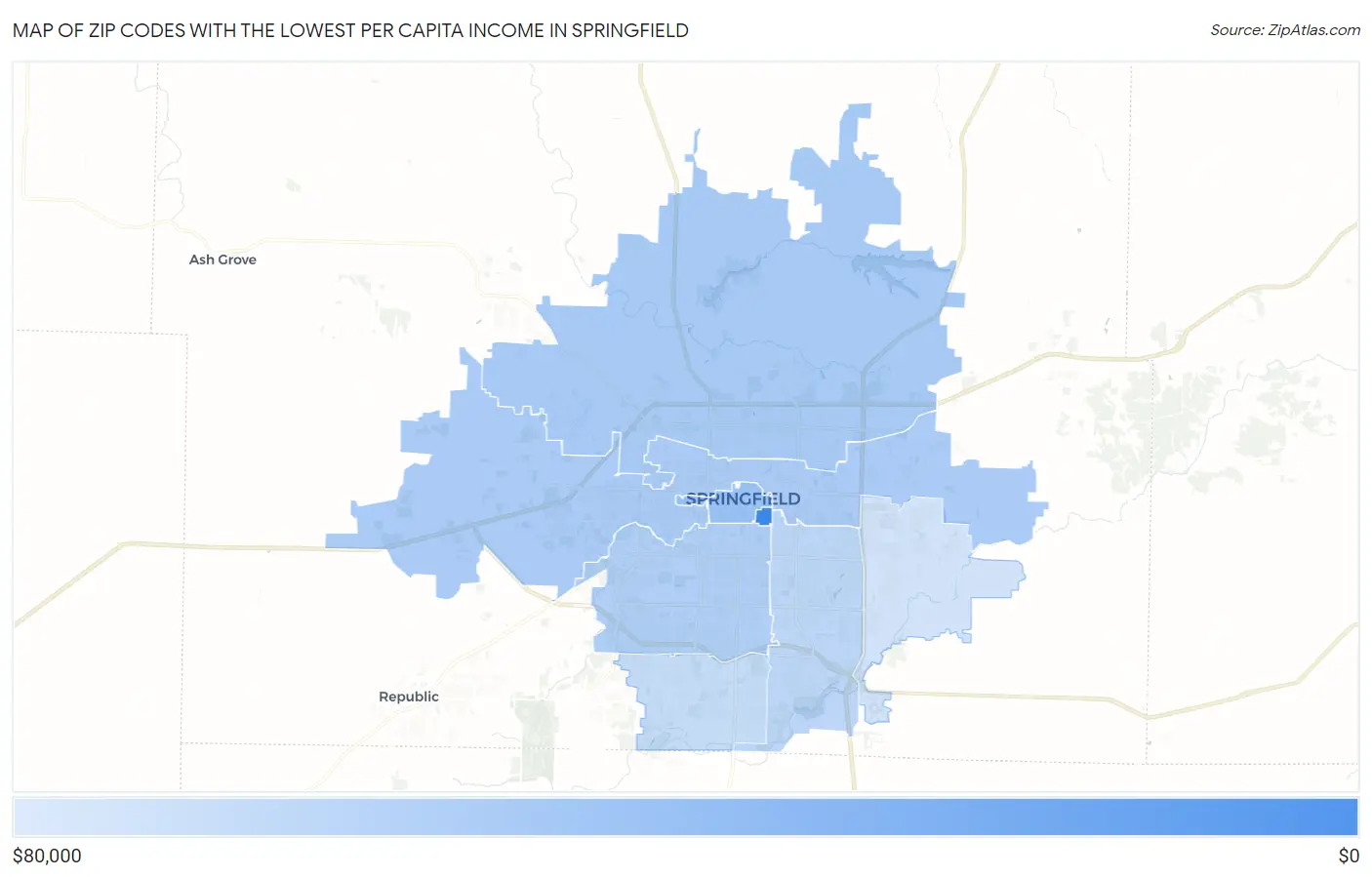 Zip Codes with the Lowest Per Capita Income in Springfield Map