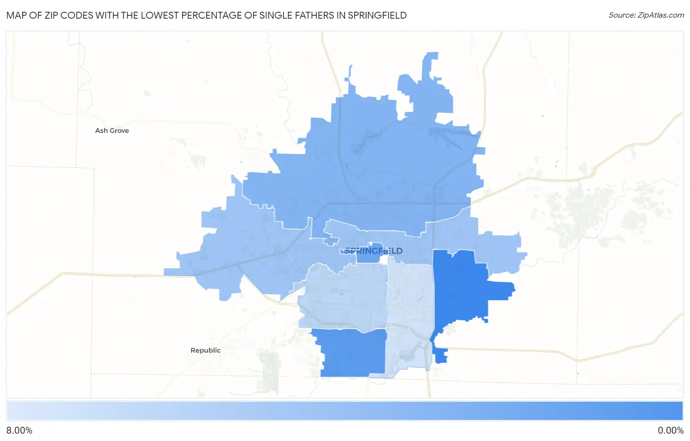 Zip Codes with the Lowest Percentage of Single Fathers in Springfield Map