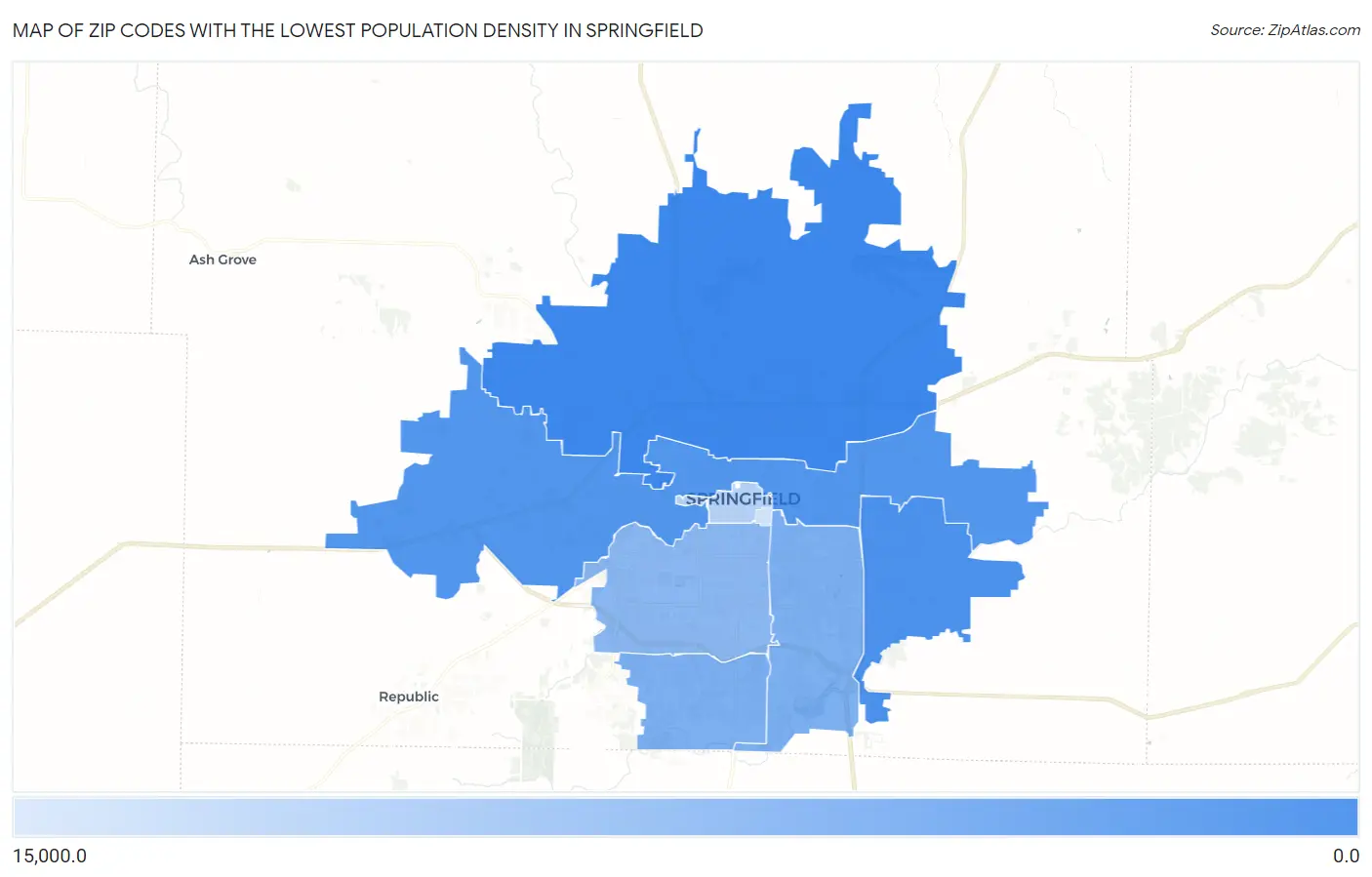 Zip Codes with the Lowest Population Density in Springfield Map
